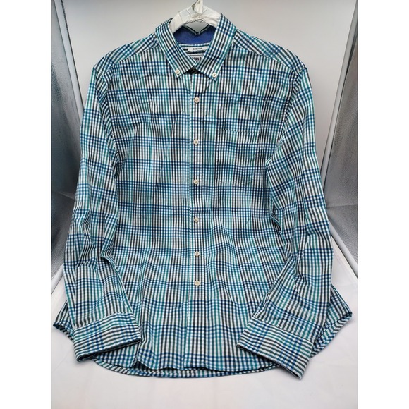 Crown & Ivy Mens Medium Stretch Plaid Button Down Shirt Blue Green - Picture 5 of 7